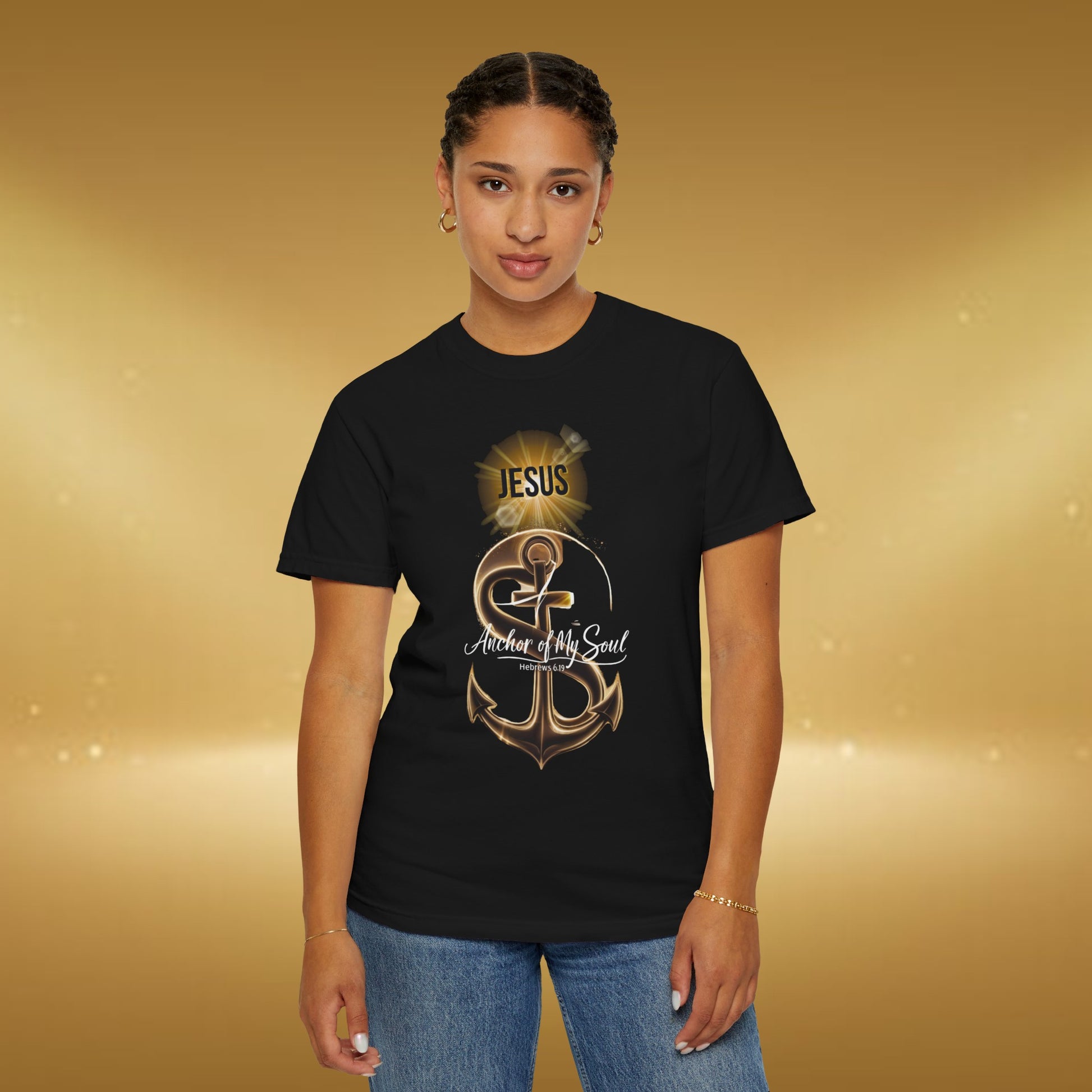 Empowering "Jesus is the Anchor of My Soul" Christian graphic tee featuring a powerful anchor design with radiant light, perfect for expressing faith and spirituality with a vintage touch.