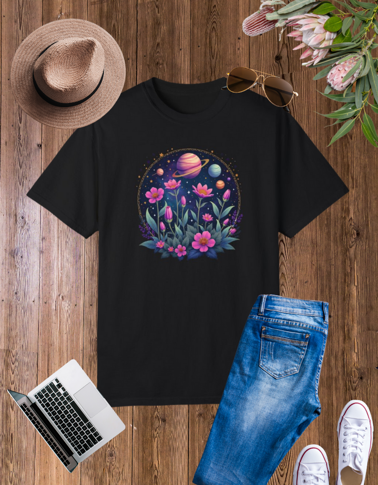 Cosmic Floral Unisex T-Shirt - Galaxy Garden Design