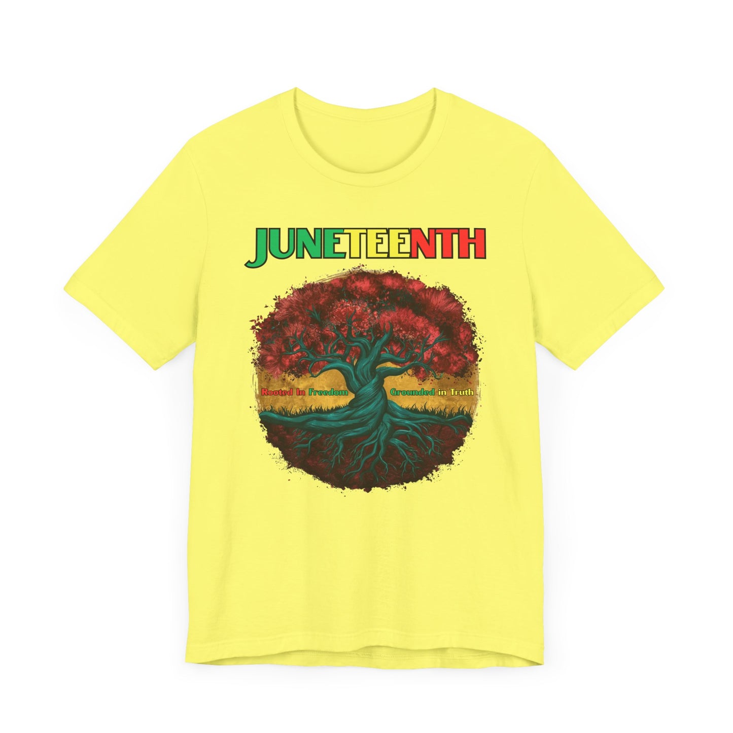 Vibrant Juneteenth Celebration Shirt featuring a powerful tree design symbolizing growth and resilience, with the word "Juneteenth" in bold colors, perfect for celebrating freedom and Black history.