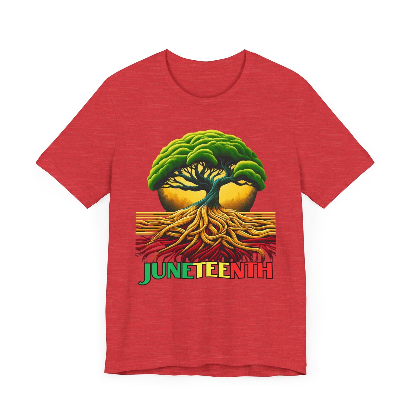 Bold 'Juneteenth Roots' Celebration Shirt featuring a vibrant tree with deep roots symbolizing strength and resilience, perfect for celebrating heritage and Black history.