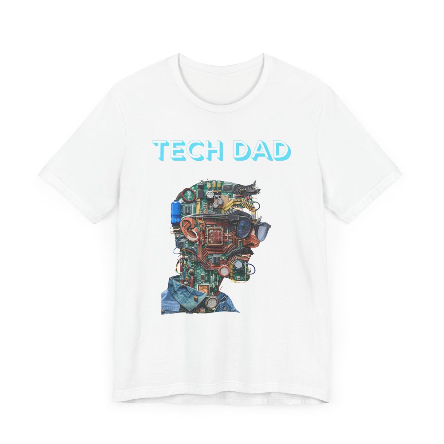 T-shirt with a bold 'Tech Dad' design, featuring a vibrant circuit board graphic, perfect for tech-savvy dads.