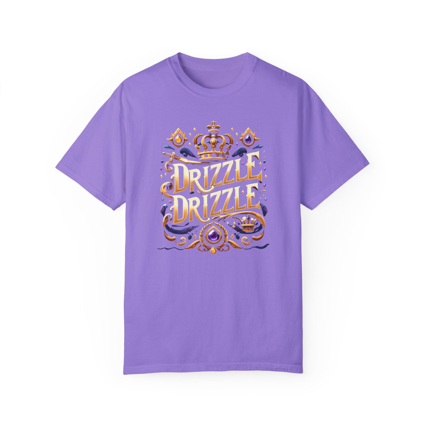 'Drizzle Drizzle' themed t-shirts showcasing a blend of royal crown imagery and modern slang, perfect for a relaxed yet stylish look.