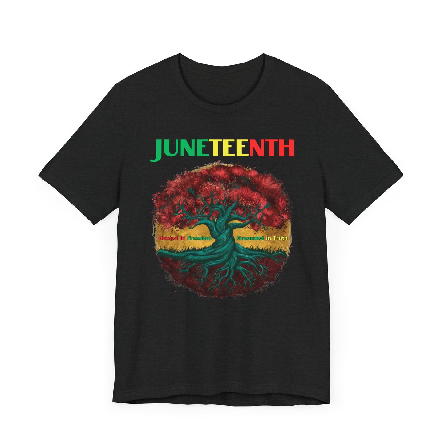 Vibrant Juneteenth Celebration Shirt featuring a powerful tree design symbolizing growth and resilience, with the word "Juneteenth" in bold colors, perfect for celebrating freedom and Black history.