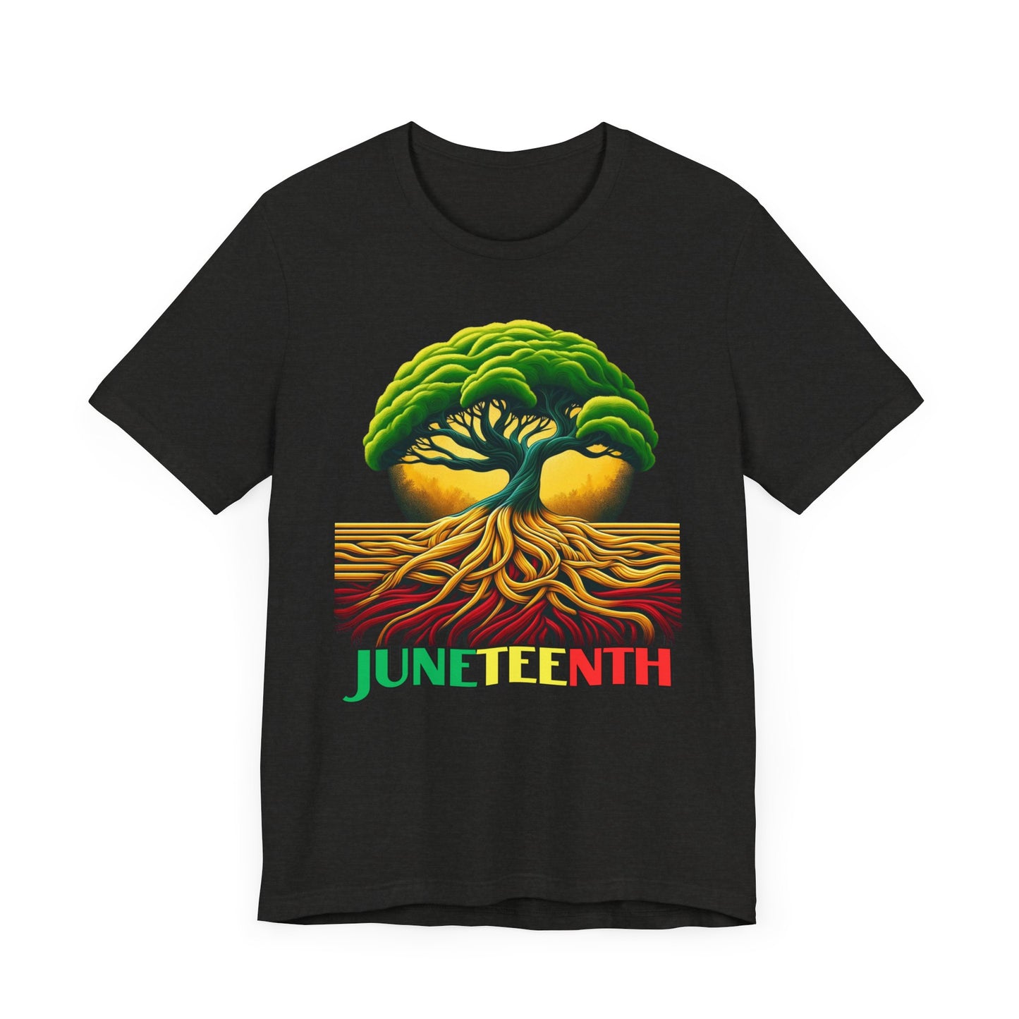 Bold 'Juneteenth Roots' Celebration Shirt featuring a vibrant tree with deep roots symbolizing strength and resilience, perfect for celebrating heritage and Black history.