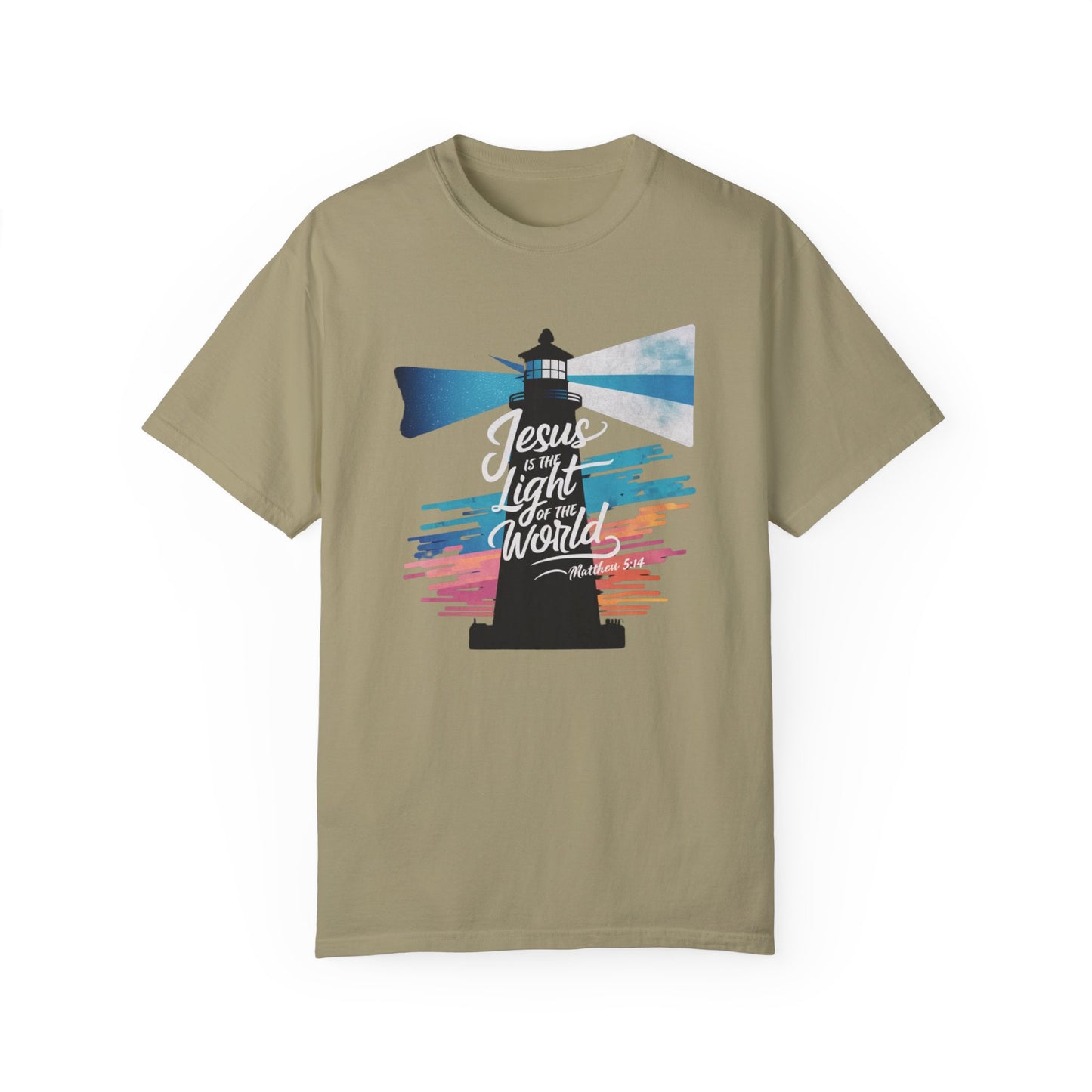 Inspirational "Jesus is the Light of the World" Christian graphic tee featuring a vibrant lighthouse design with colorful beams and a message from Matthew 5:14, perfect for expressing faith and spirituality with a vintage touch.