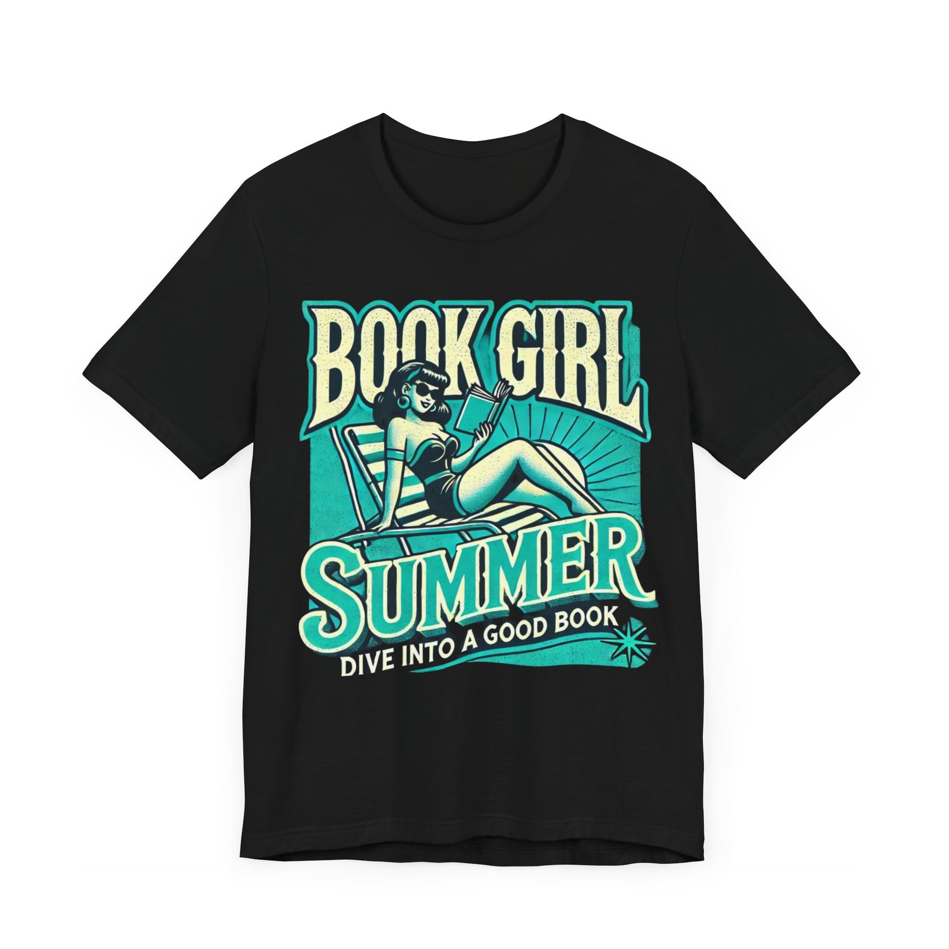 Black t-shirt with "Book Girl Summer" featuring a vintage pinup girl lounging and reading, text "Dive Into a Good Book."