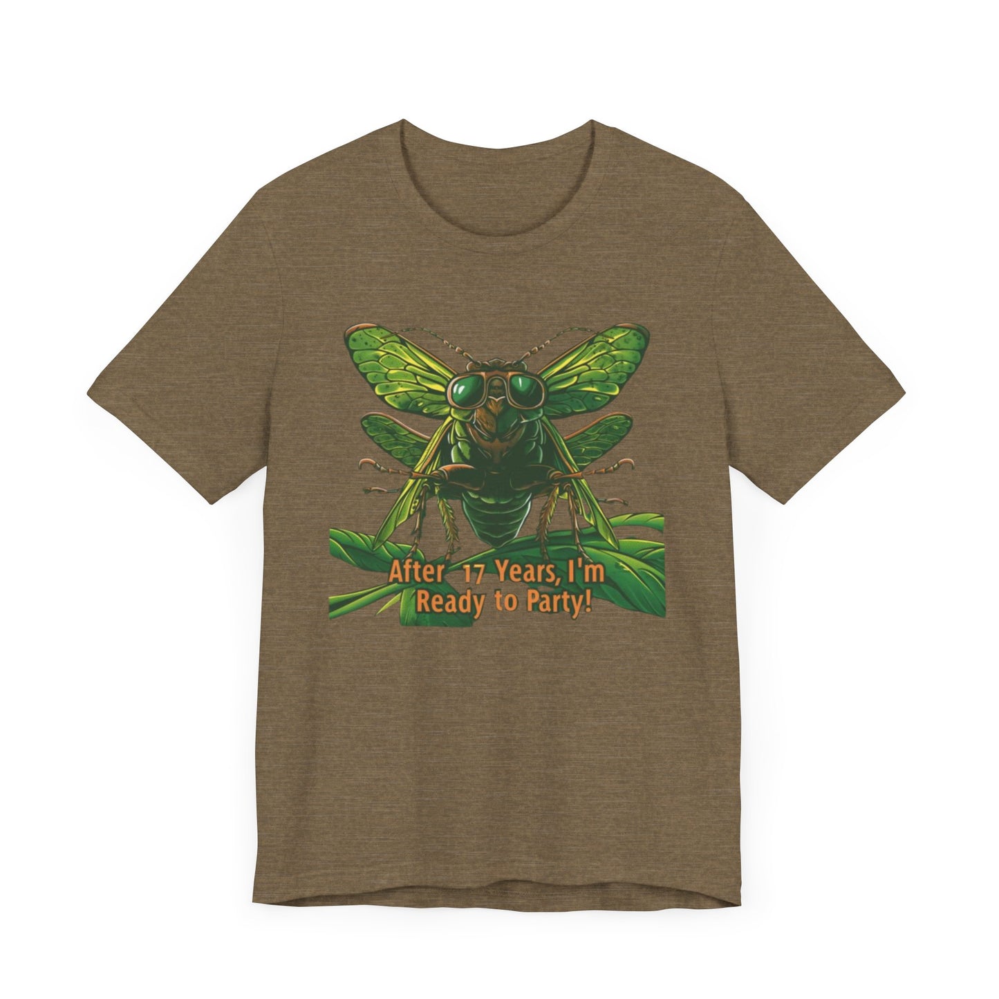 Unisex t-shirt featuring a cartoon cicada with sunglasses, captioned 'After 17 years I'm ready to party', designed for cicada lovers and bug enthusiasts.