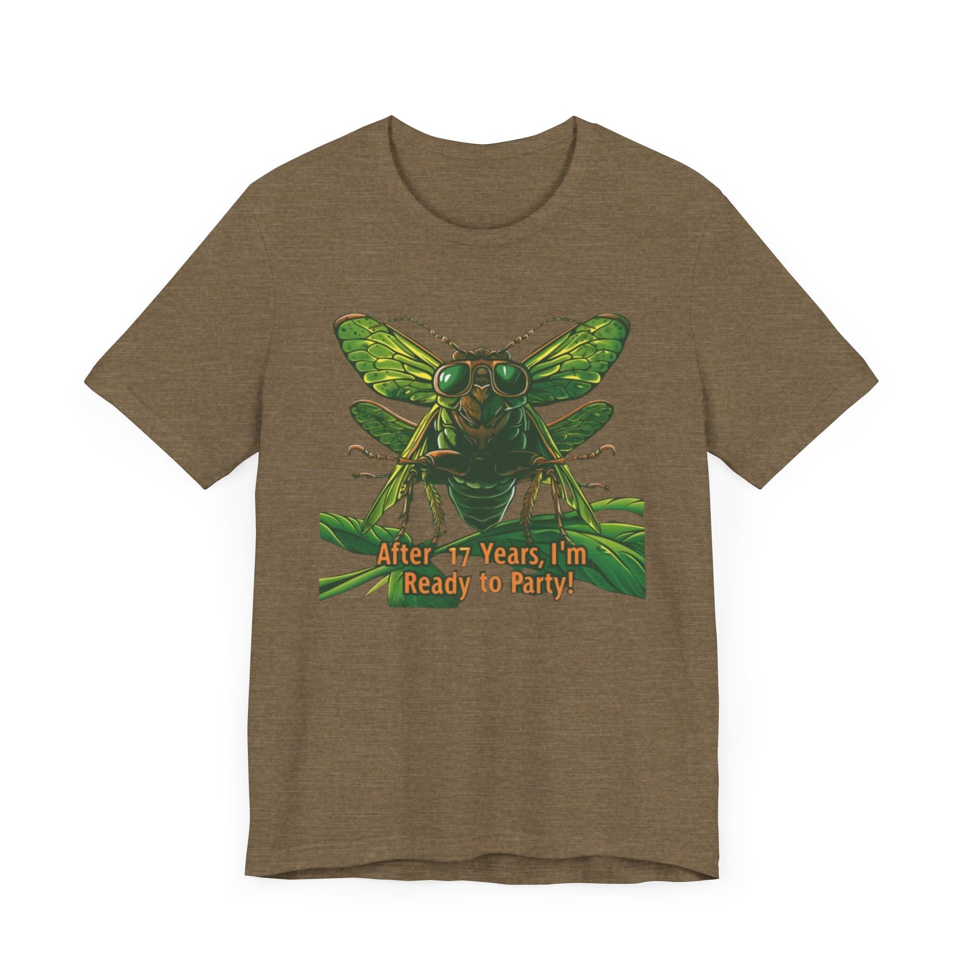 Unisex t-shirt featuring a cartoon cicada with sunglasses, captioned 'After 17 years I'm ready to party', designed for cicada lovers and bug enthusiasts.