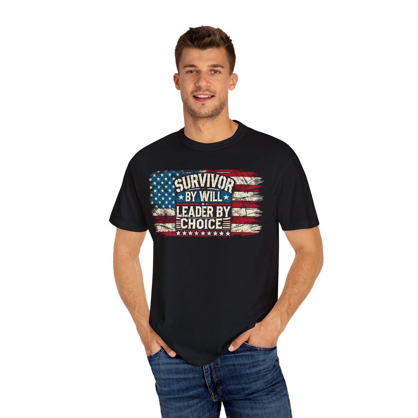 Patriotic T-Shirt - Survivor by Will, Leader by Choice | Vintage American Flag Design