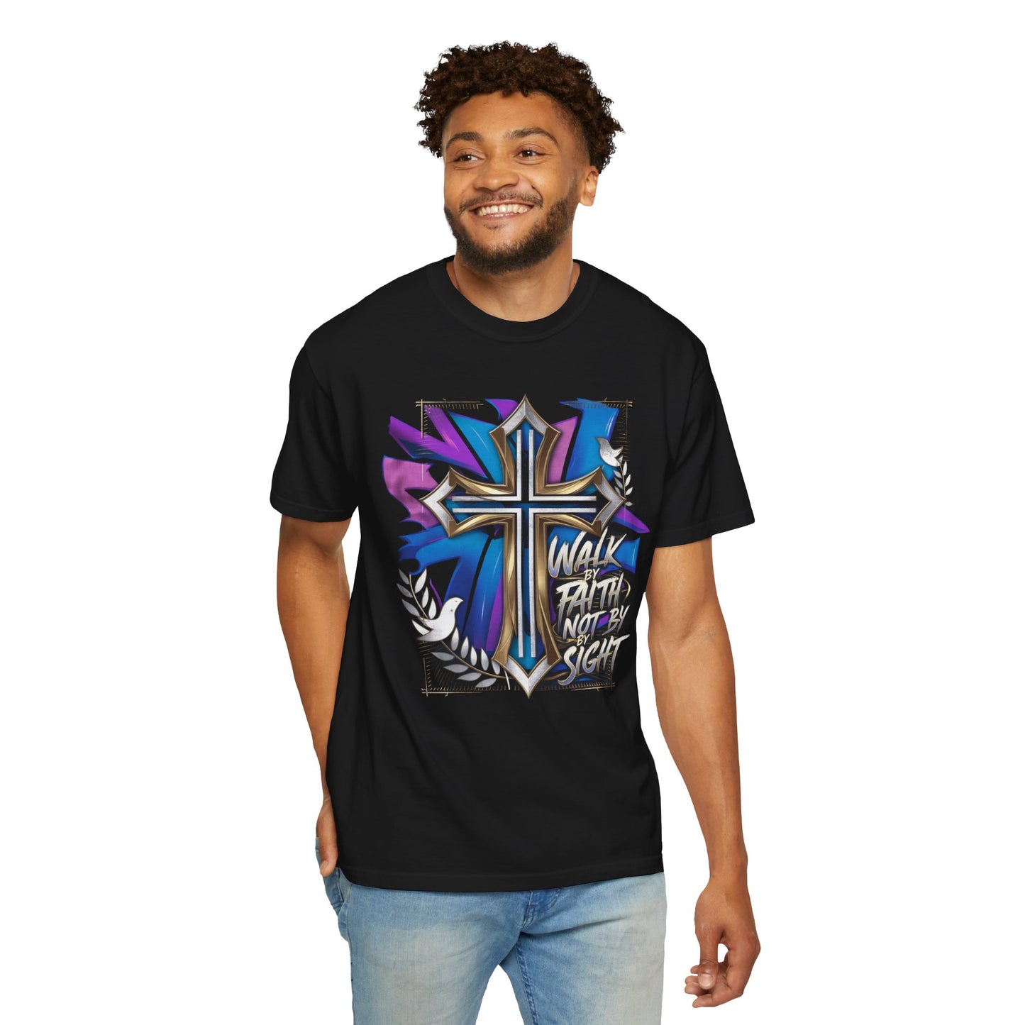 Urban Faith graphic tee featuring a powerful cross design, blending urban style and spiritual strength for women.