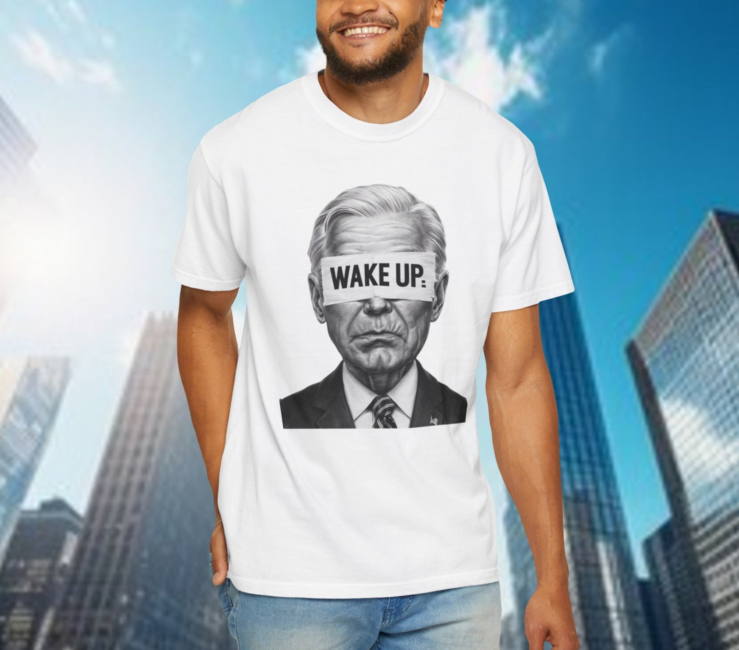 Bold "Wake Up" political t-shirt featuring an image of Joe Biden with "WAKE UP" text across his eyes, perfect for making a strong political statement.