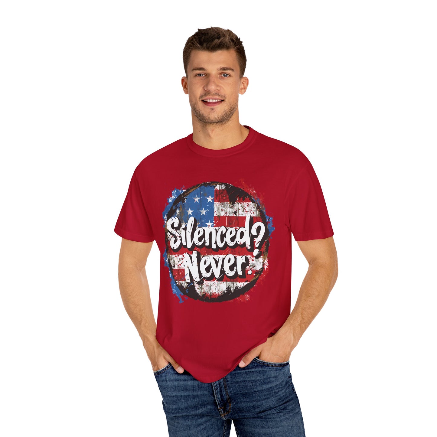 Silenced? Never. Patriotic T-Shirt with Vintage American Flag Design