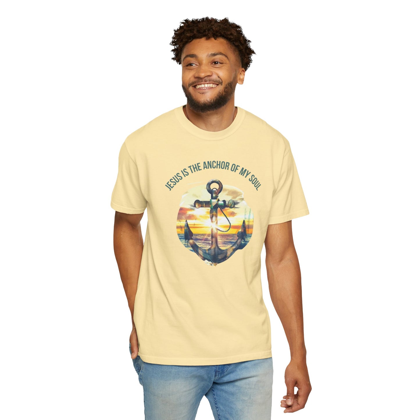 Inspirational "Jesus is the Anchor of My Soul" Christian graphic tee featuring an anchor design set against a serene sunset, perfect for expressing faith and spirituality with a vintage touch.