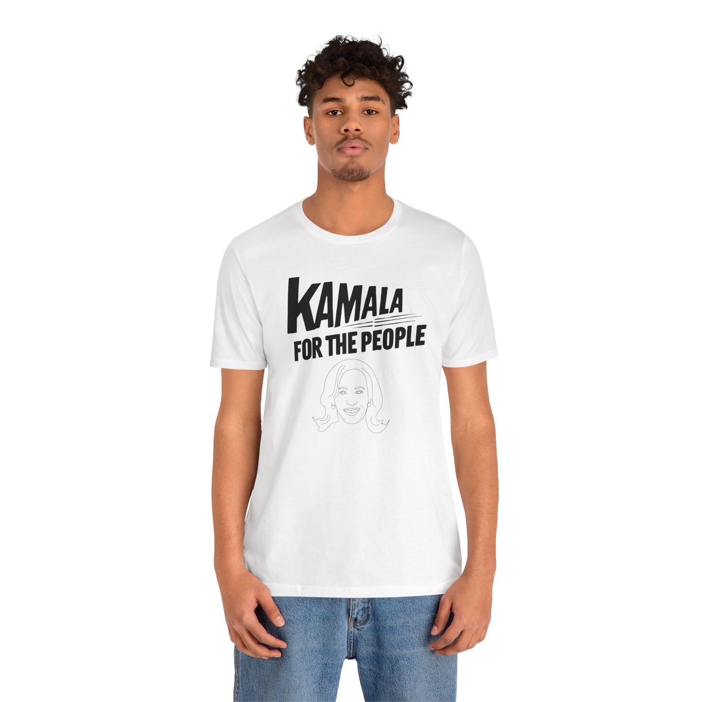 Kamala Harris 'For The People' graphic t-shirt featuring an illustration of Kamala Harris and a bold slogan.