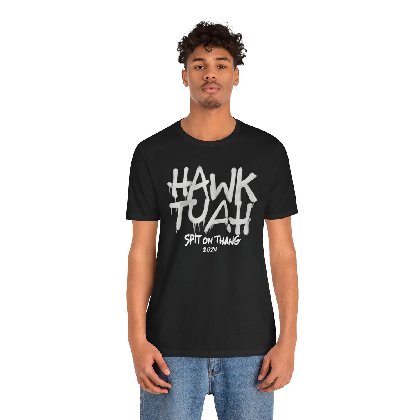 Black t-shirt with "HAWK TUAH SPIT ON THANG 2024" in graffiti-style font.