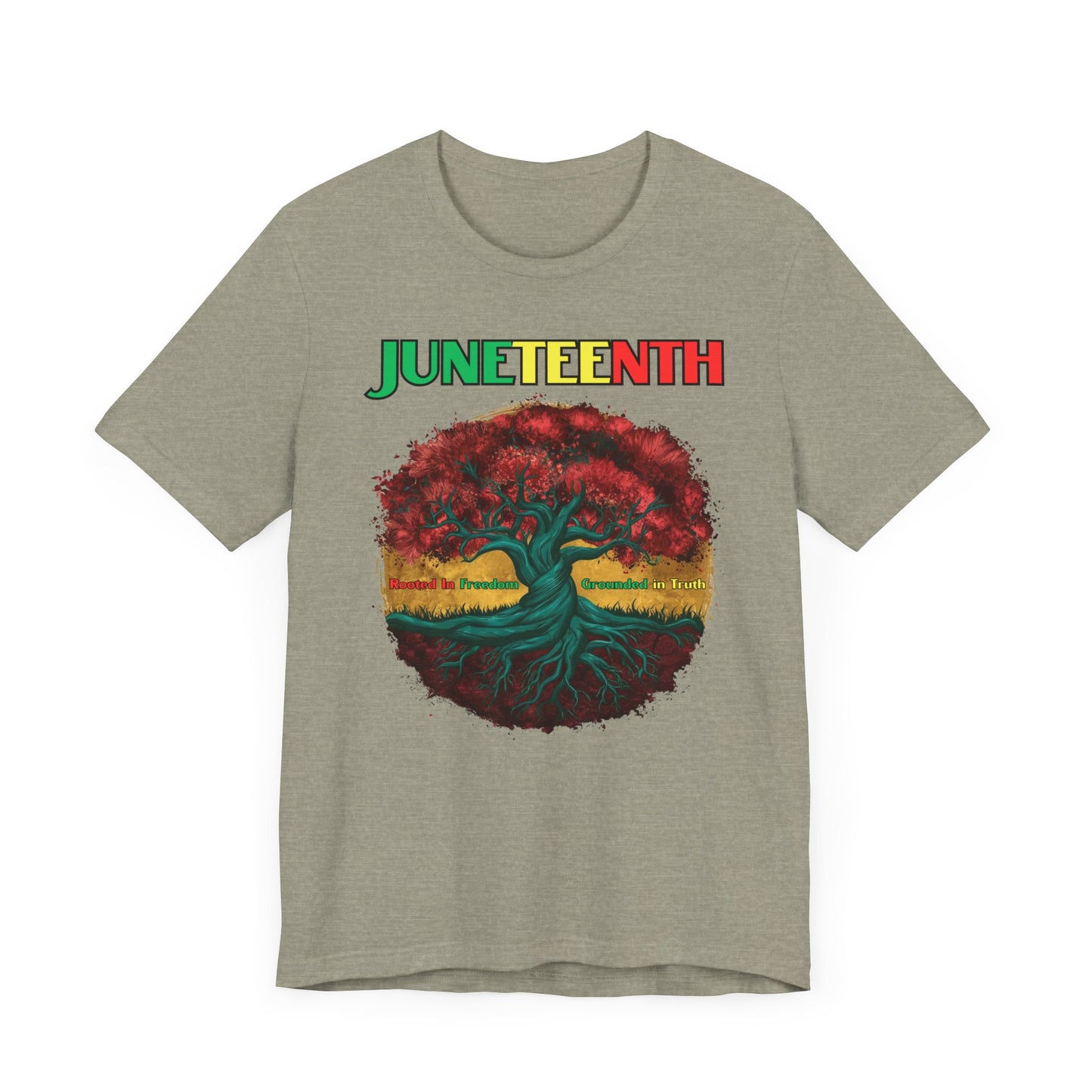 Vibrant Juneteenth Celebration Shirt featuring a powerful tree design symbolizing growth and resilience, with the word "Juneteenth" in bold colors, perfect for celebrating freedom and Black history.