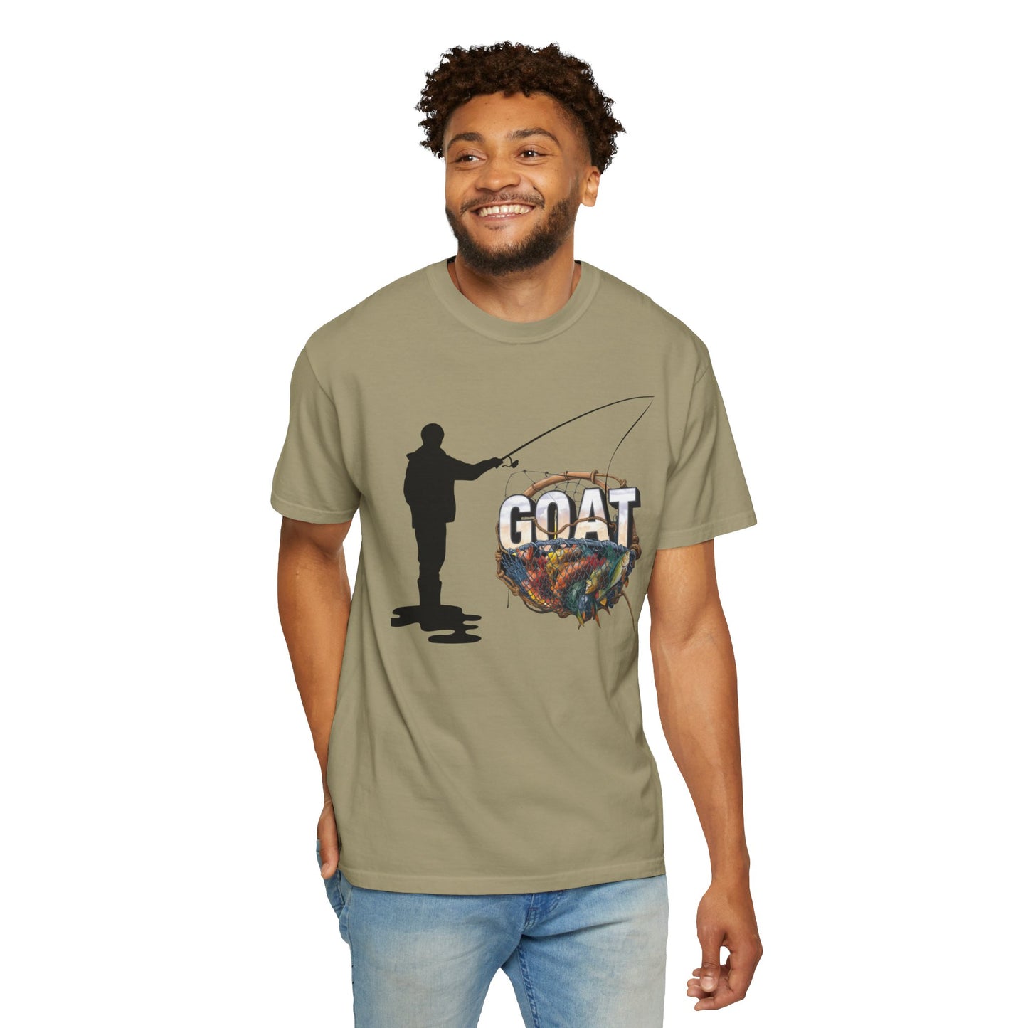 GOAT Dad Fishing T-Shirt featuring a silhouette of a dad fishing with the text 'GOAT' and a colorful fish design, perfect gift for dads who love fishing.