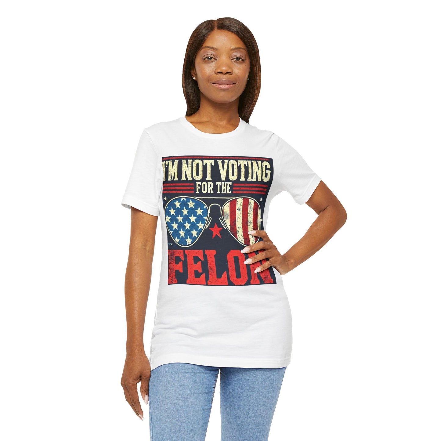 T-Shirts featuring the text "I'm Voting for the Convicted Felon" with patriotic American flag sunglasses design.