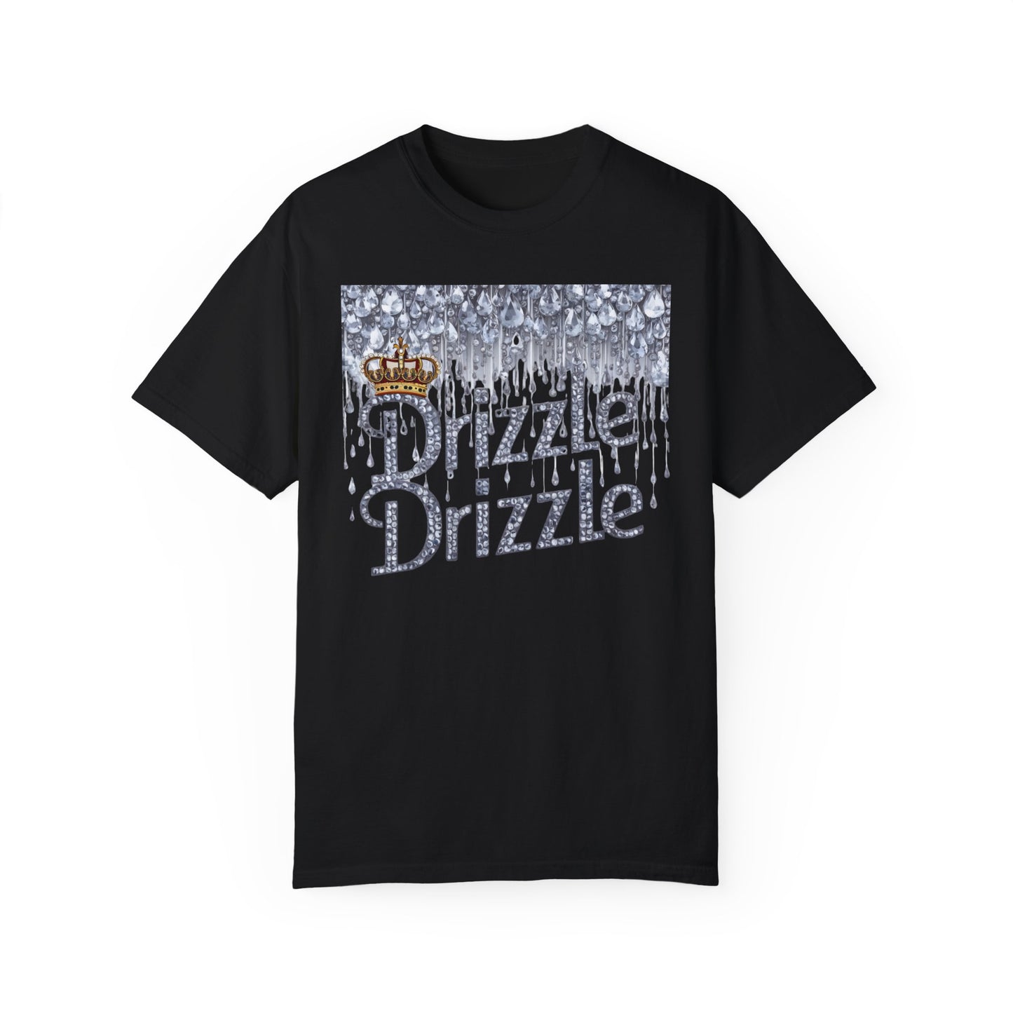 'Drizzle Drizzle' themed t-shirts showcasing a blend of royal crown imagery and modern slang, perfect for a relaxed yet stylish look.