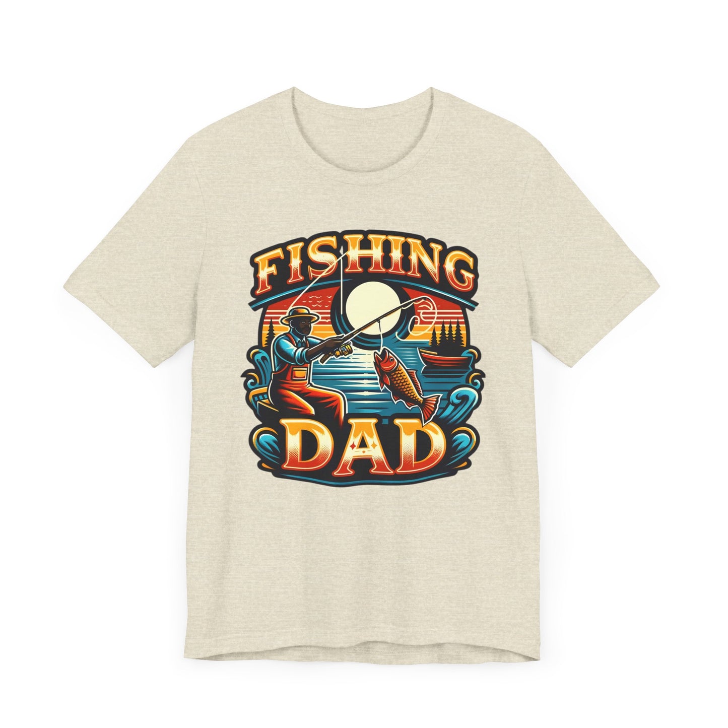 GOAT Dad Fishing T-Shirt featuring a silhouette of a dad fishing with the text 'GOAT' and a colorful fish design, perfect gift for dads who love fishing.