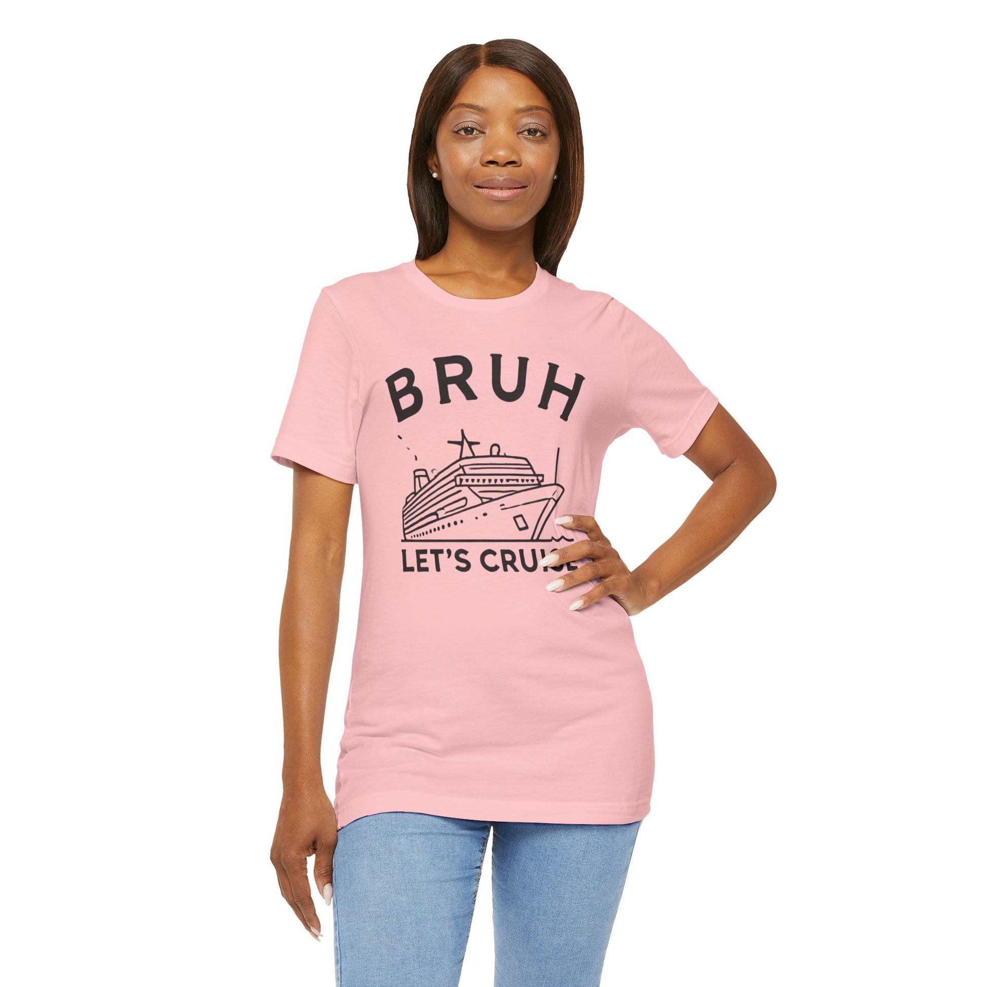 Funny 'Bruh, Let's Cruise' t-shirt with cruise ship graphic, perfect for cruise enthusiasts and vacation travelers.