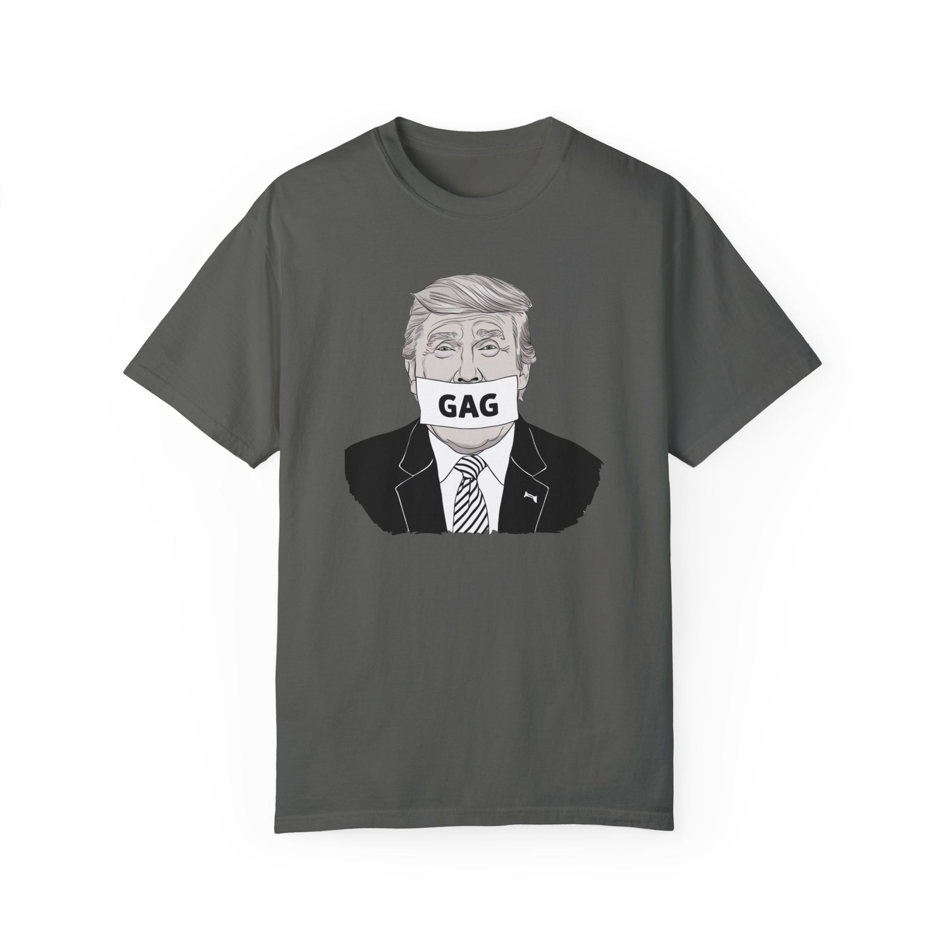 Controversial "Gag" Trump political t-shirt featuring an illustration of Donald Trump with the word "GAG" across his mouth, perfect for making a bold and provocative statement.