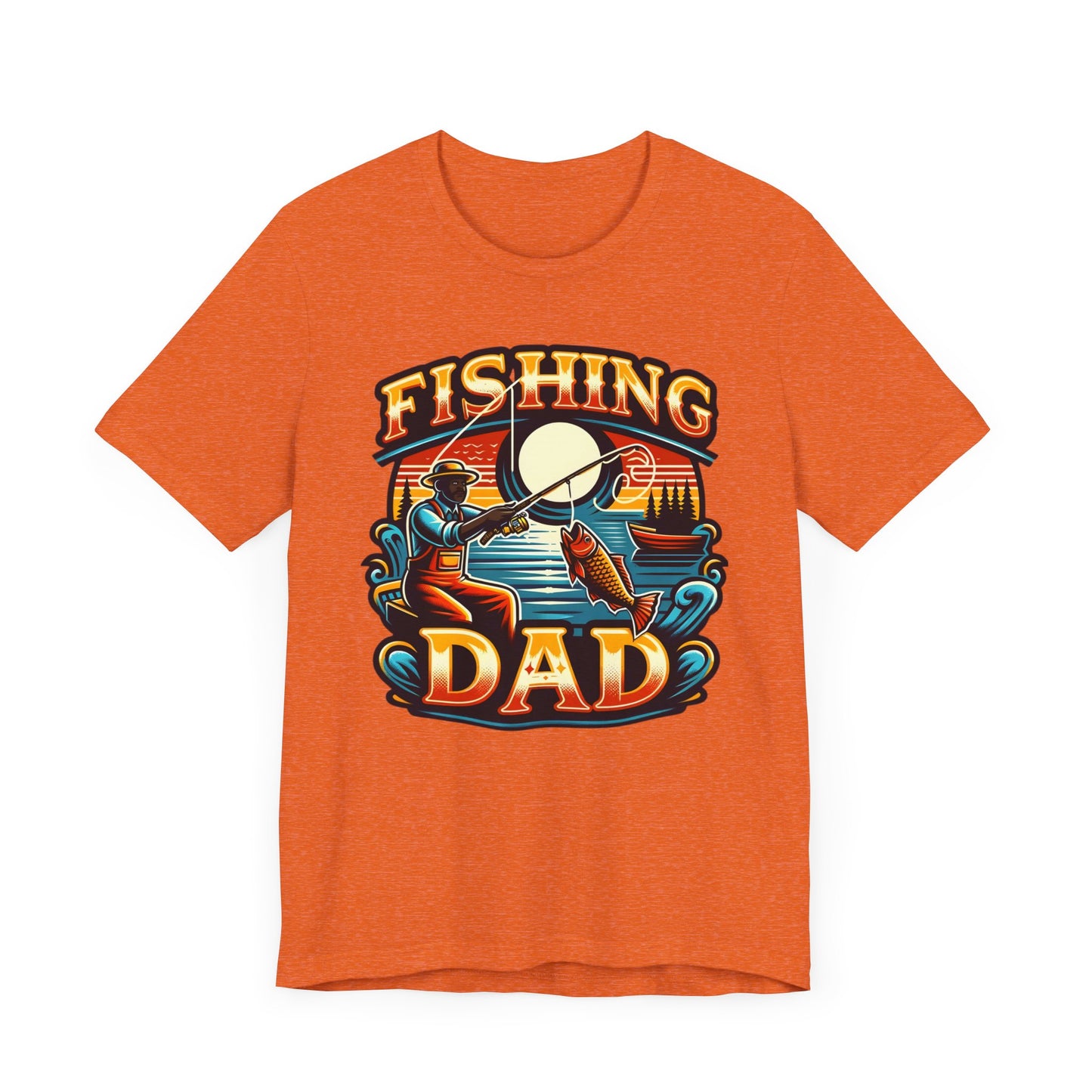 GOAT Dad Fishing T-Shirt featuring a silhouette of a dad fishing with the text 'GOAT' and a colorful fish design, perfect gift for dads who love fishing.