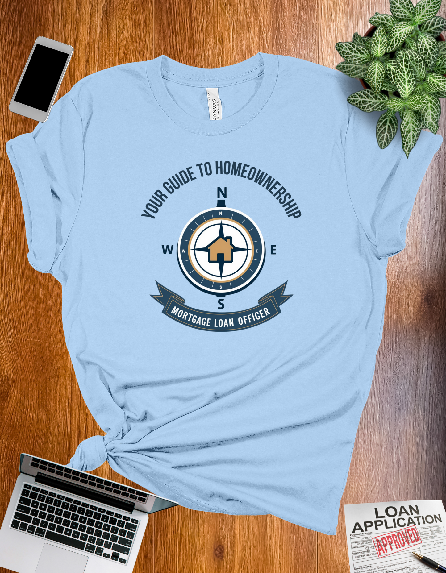 Your Guide to Homeownership t-shirt with a compass design, perfect for mortgage loan officers and real estate professionals.