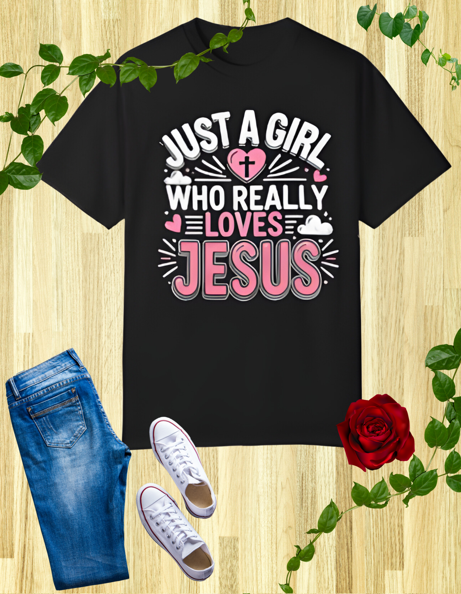 A black t-shirt with the text 'Just a Girl Who Really Loves Jesus' in bold, white and pink lettering, featuring a heart with a cross and small heart decorations.