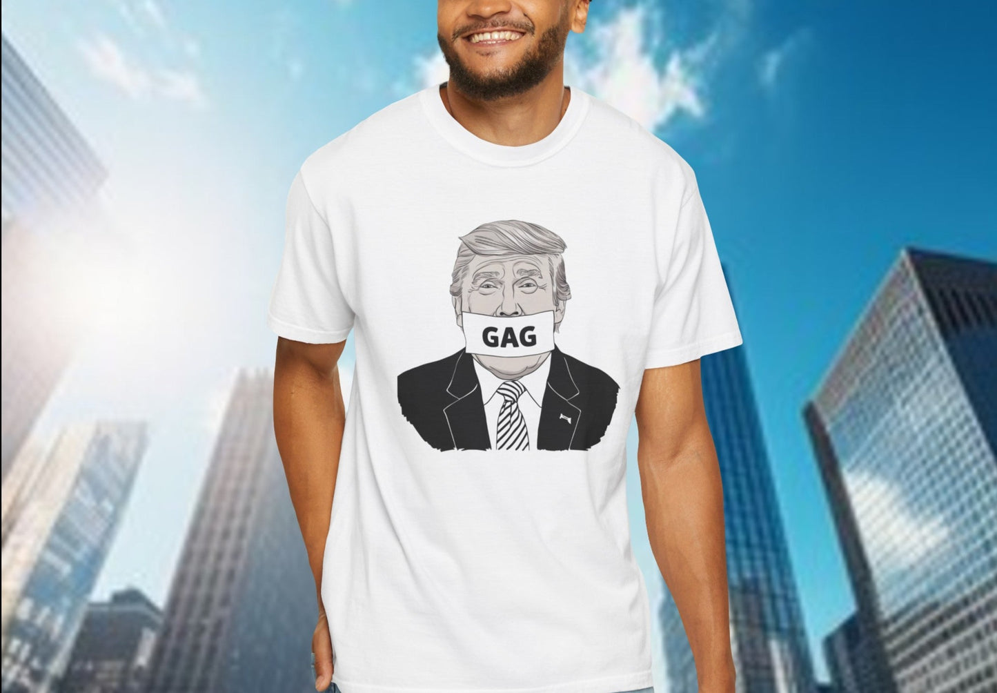 Controversial "Gag" Trump political t-shirt featuring an illustration of Donald Trump with the word "GAG" across his mouth, perfect for making a bold and provocative statement.