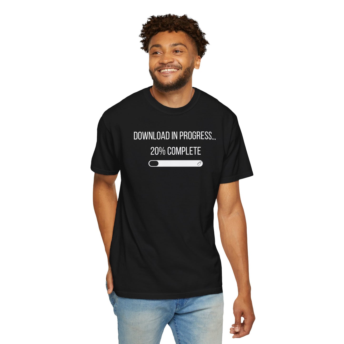 Black t-shirt with the text "Download in Progress... 20% Complete" featuring a playful download progress bar graphic.