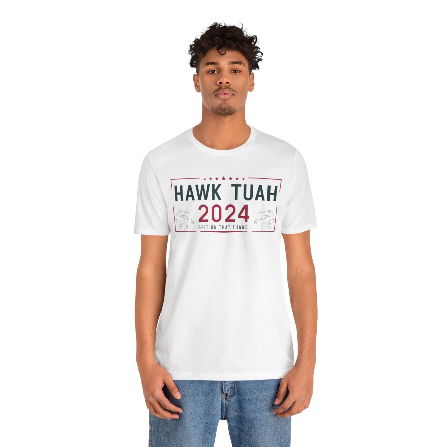 White t-shirt with "HAWK TUAH 2024 SPIT ON THAT THANG" in bold letters.