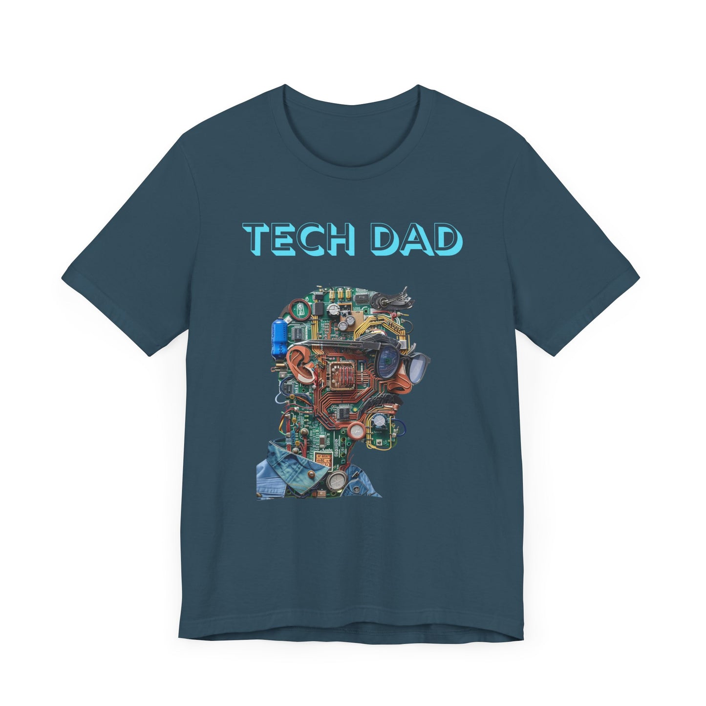 T-shirt with a bold 'Tech Dad' design, featuring a vibrant circuit board graphic, perfect for tech-savvy dads.