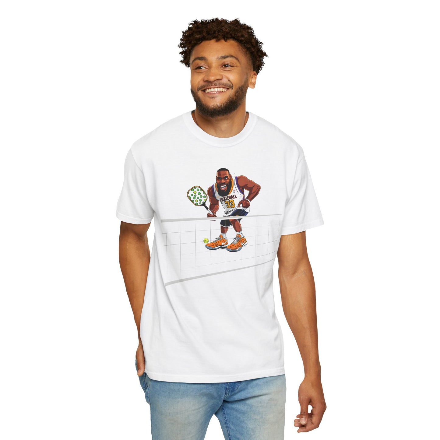 White t-shirt featuring a humorous graphic of a basketball player surprised by pickleball, with the text "Bruh, Pickleball?!