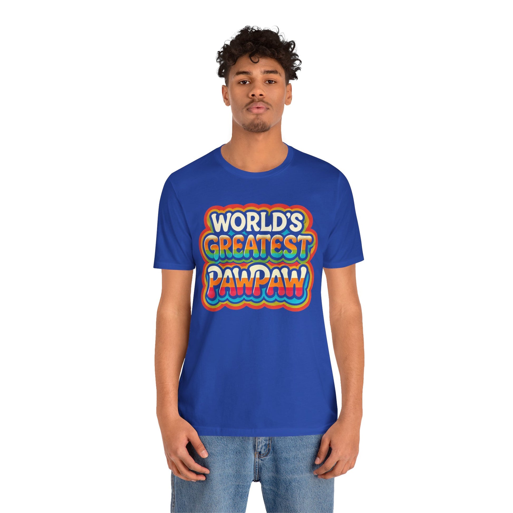 World's Greatest Pawpaw Retro T-Shirt in navy and royal blue colors, featuring a fun and colorful design perfect for grandpa appreciation gifts.