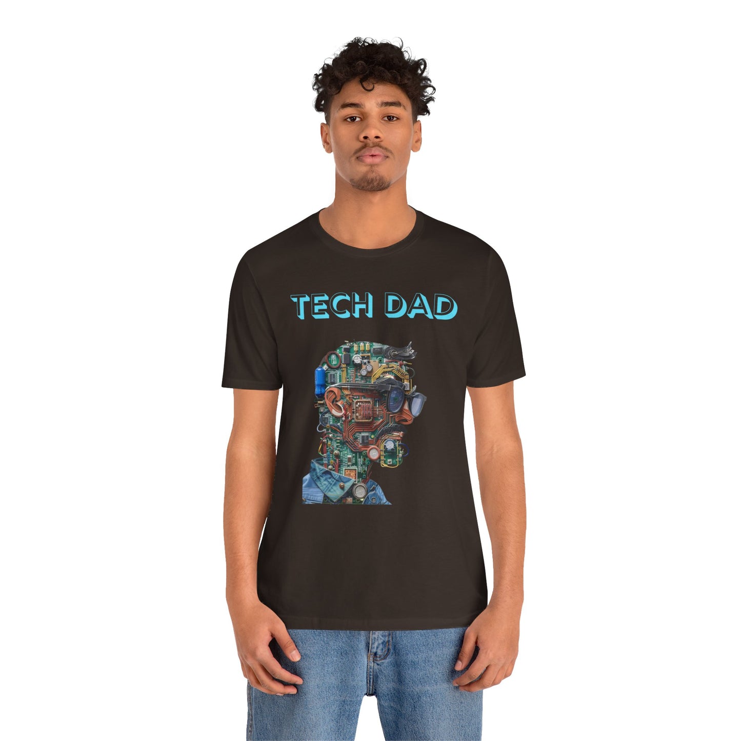 T-shirt with a bold 'Tech Dad' design, featuring a vibrant circuit board graphic, perfect for tech-savvy dads.