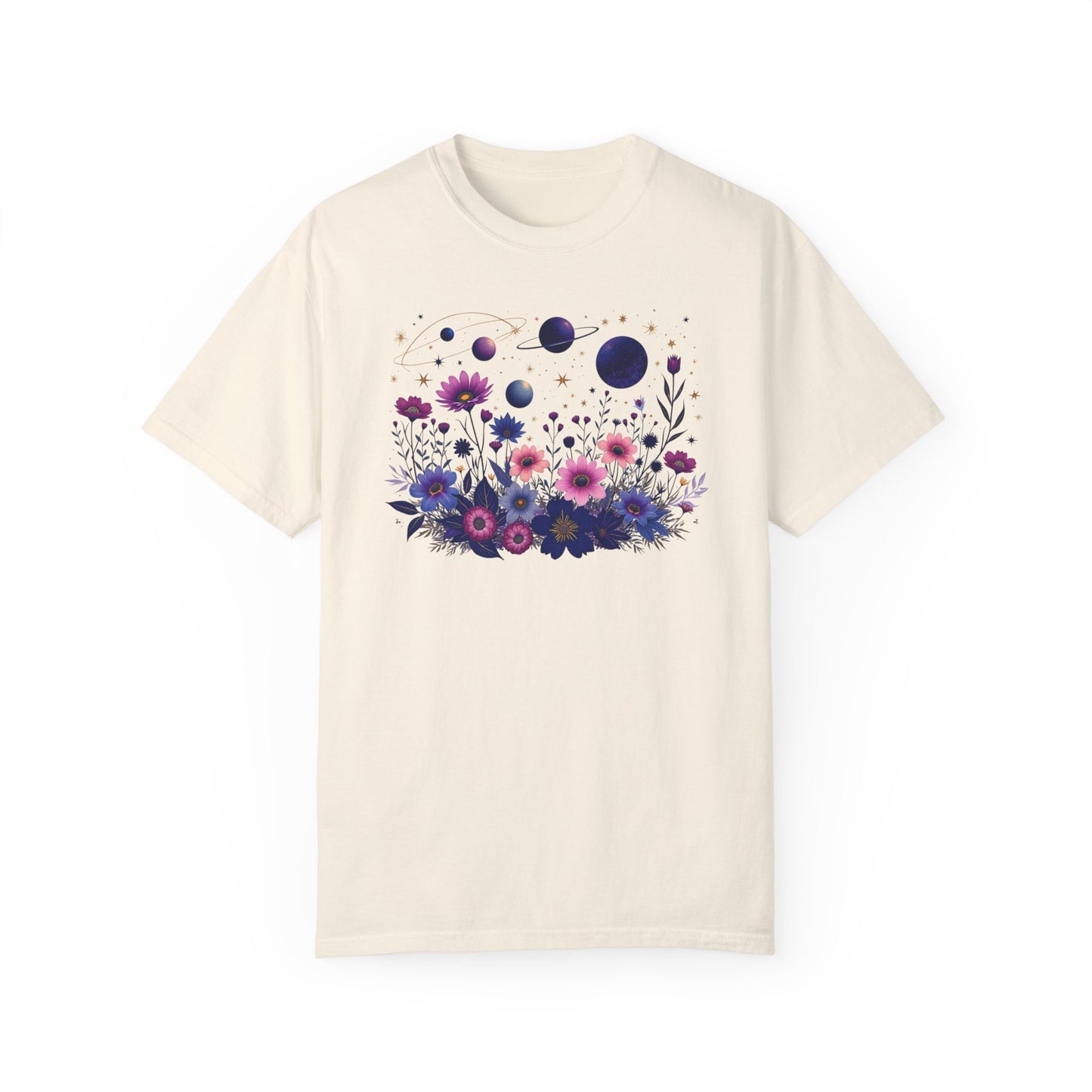 Cosmic Floral Unisex Garment-Dyed T-Shirt - Perfect for Nature Lovers & Stargazers