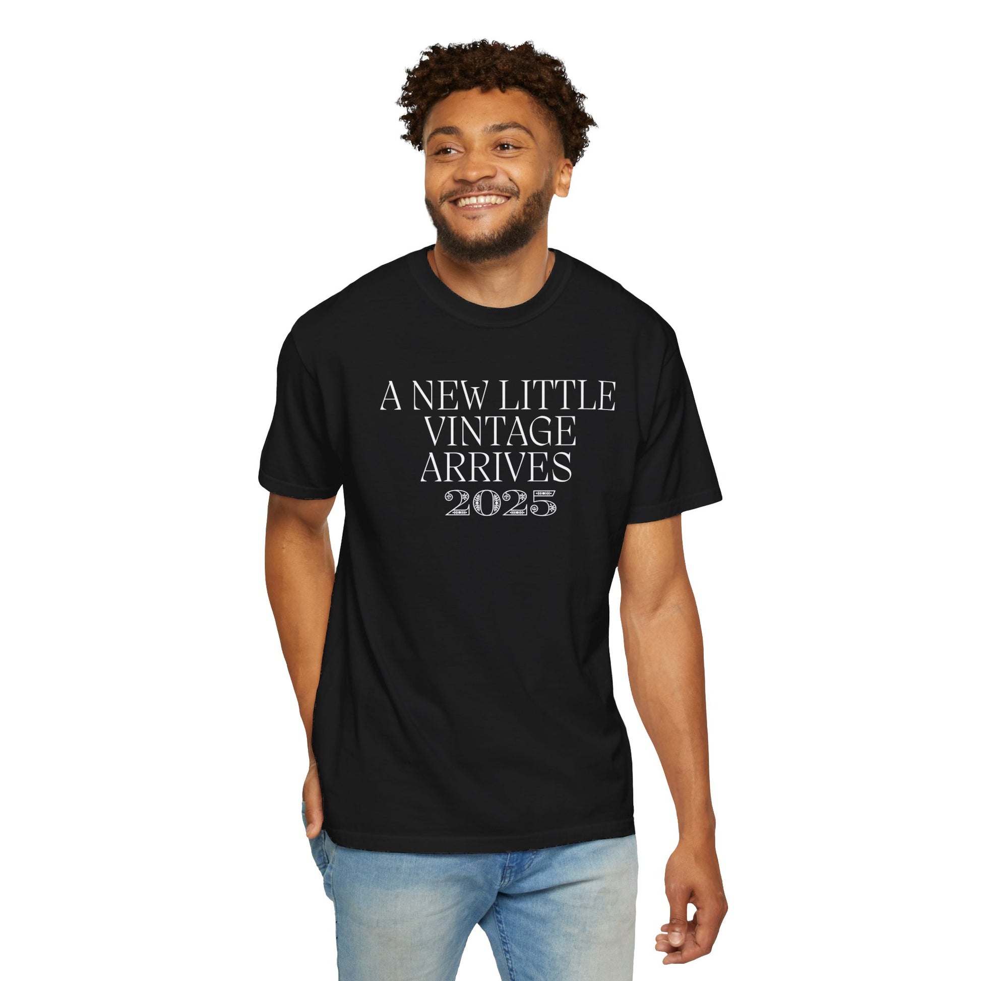 Black t-shirt with the text "A New Little Vintage Arrives 2024" in a classic, vintage-inspired font.