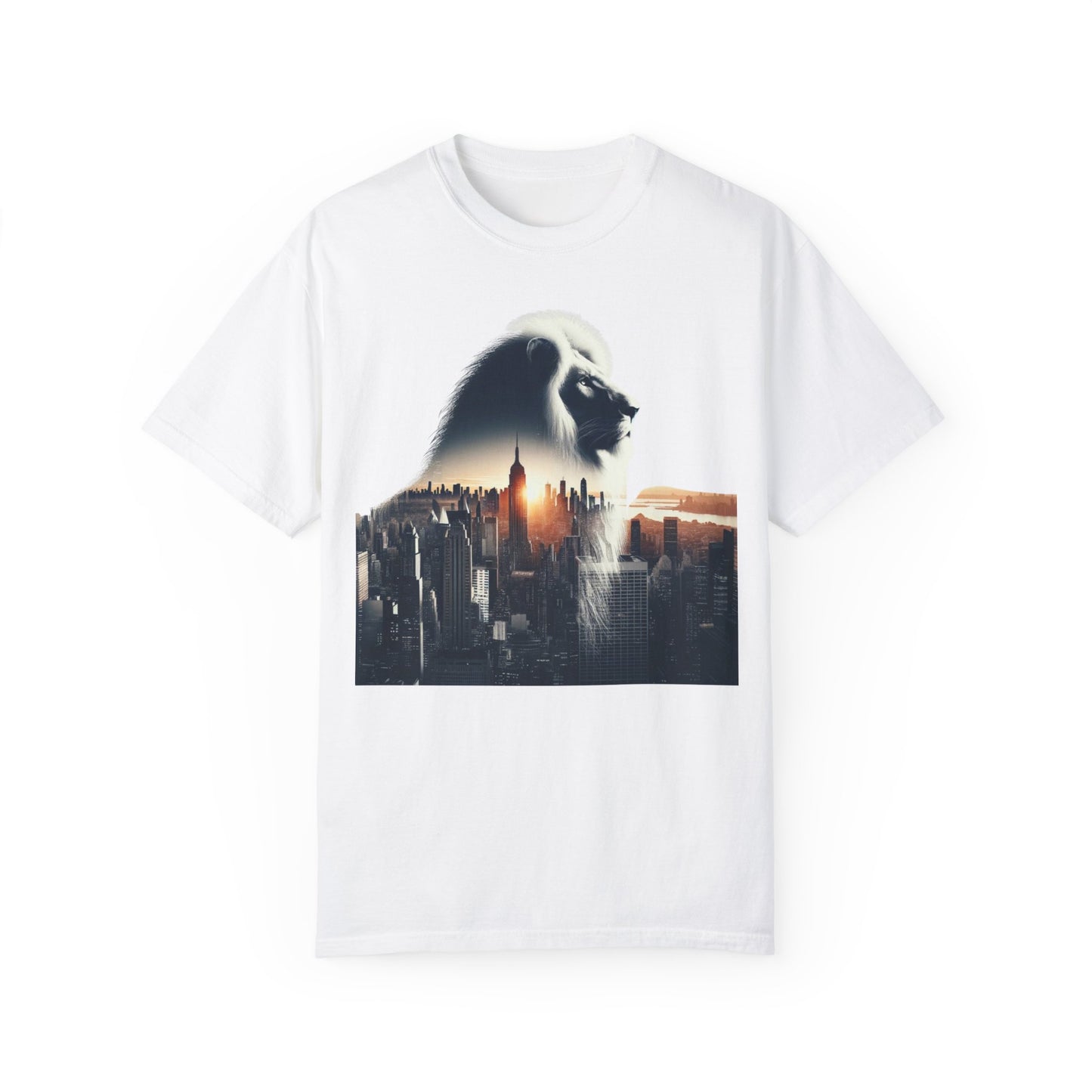 Urban Jungle Majesty Tee with lion and panther silhouette against a city skyline.