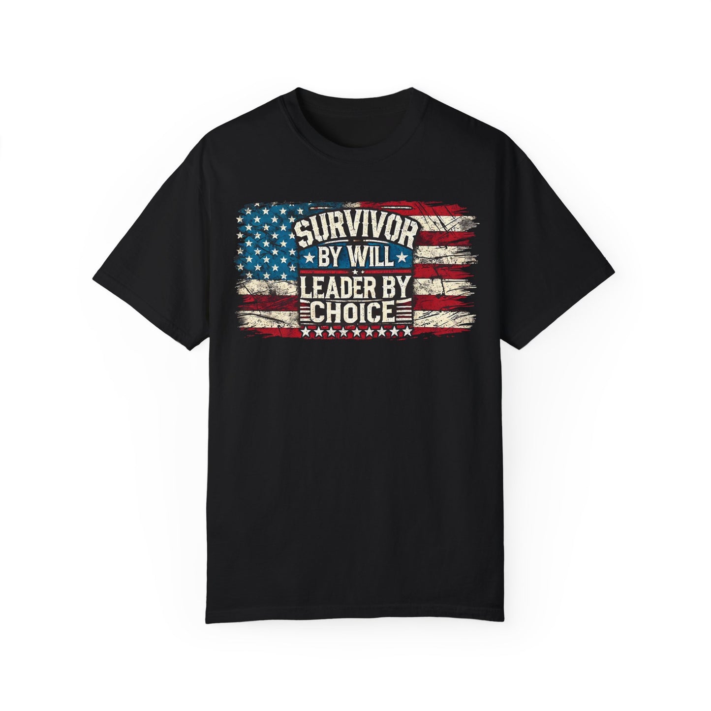 Silenced? Never. t-shirt with a distressed American flag background, featuring bold white text