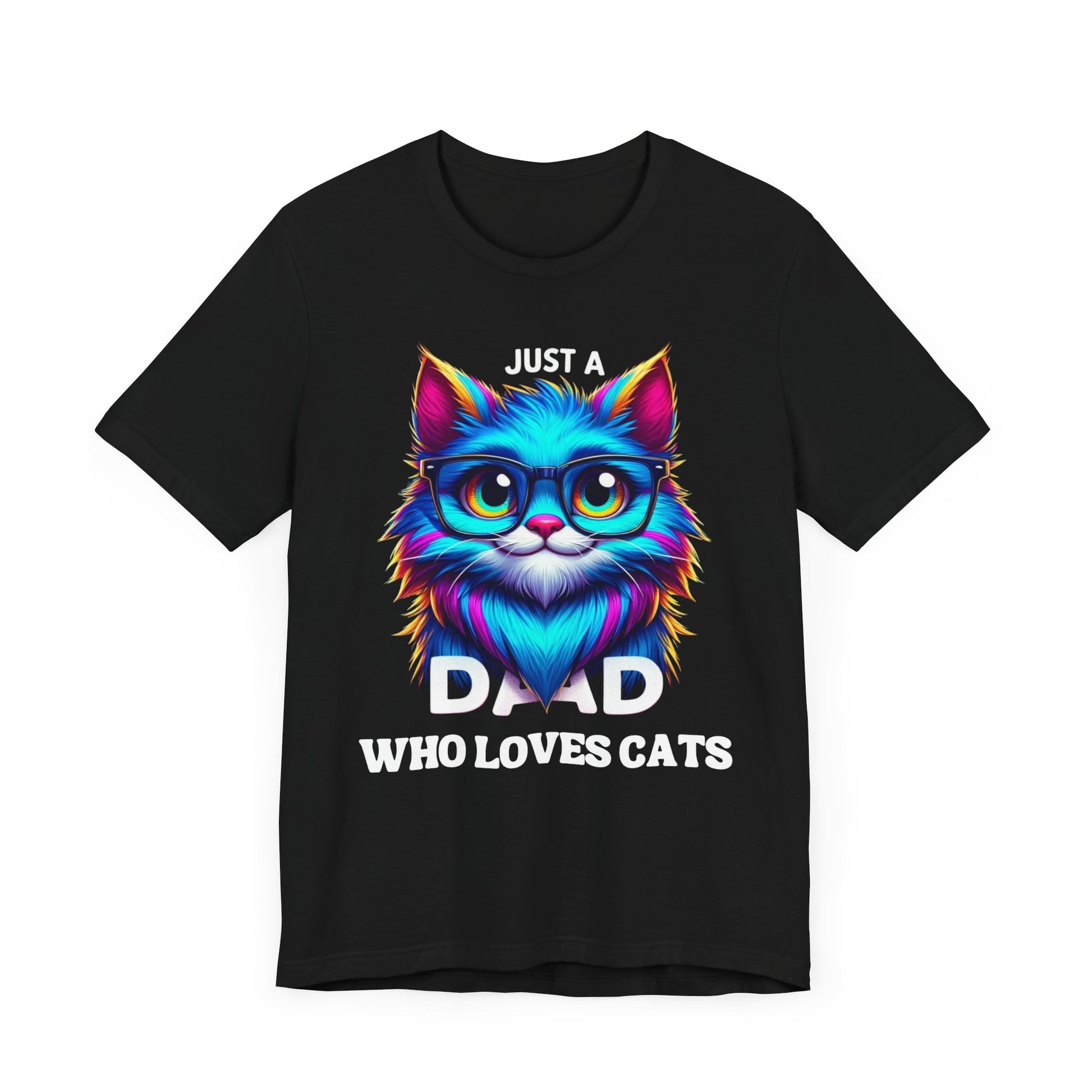 T-shirt featuring a vibrant and colorful graphic of a cat wearing glasses, with the text "Just a Dad Who Loves Cats" prominently displayed. Perfect for cat dads and Father's Day gifts.