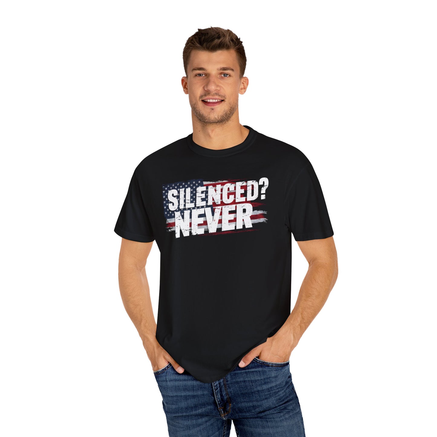 Silenced? Never. Patriotic T-Shirt with Vintage American Flag Design