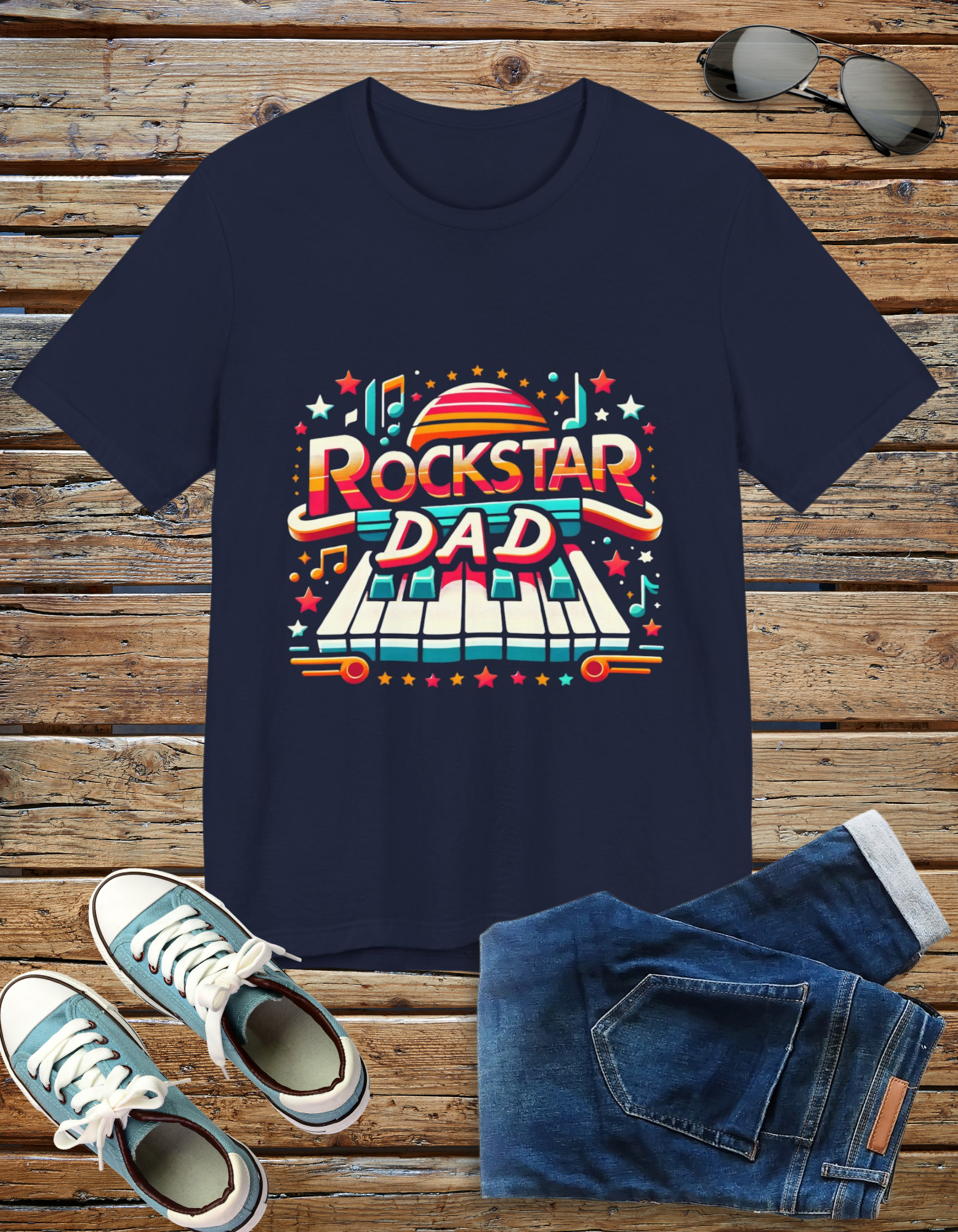 Rockstar Dad t-shirt featuring a piano design, perfect for music-loving dads.