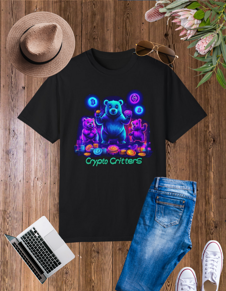 Crypto Critters Unisex Garment-Dyed T-shirt - Vibrant Bear Design for Crypto Enthusiasts