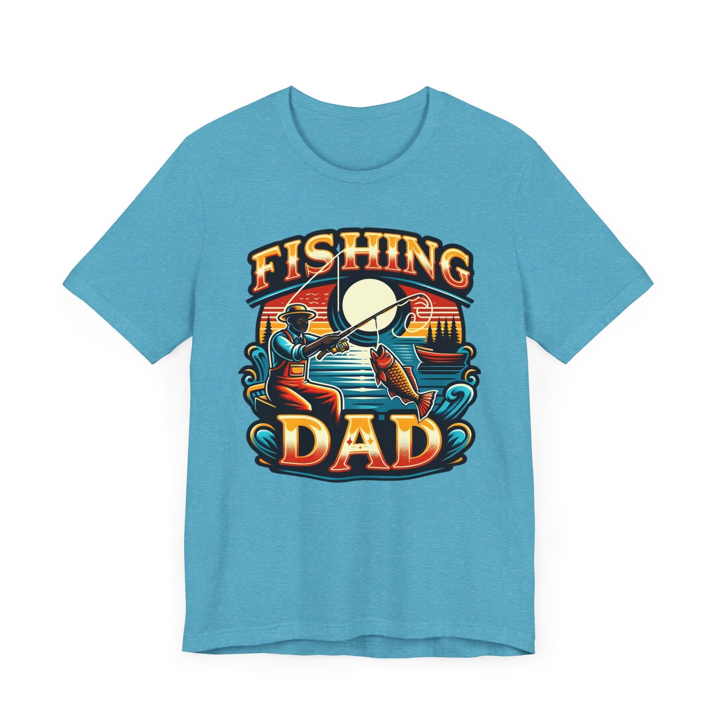 GOAT Dad Fishing T-Shirt featuring a silhouette of a dad fishing with the text 'GOAT' and a colorful fish design, perfect gift for dads who love fishing.