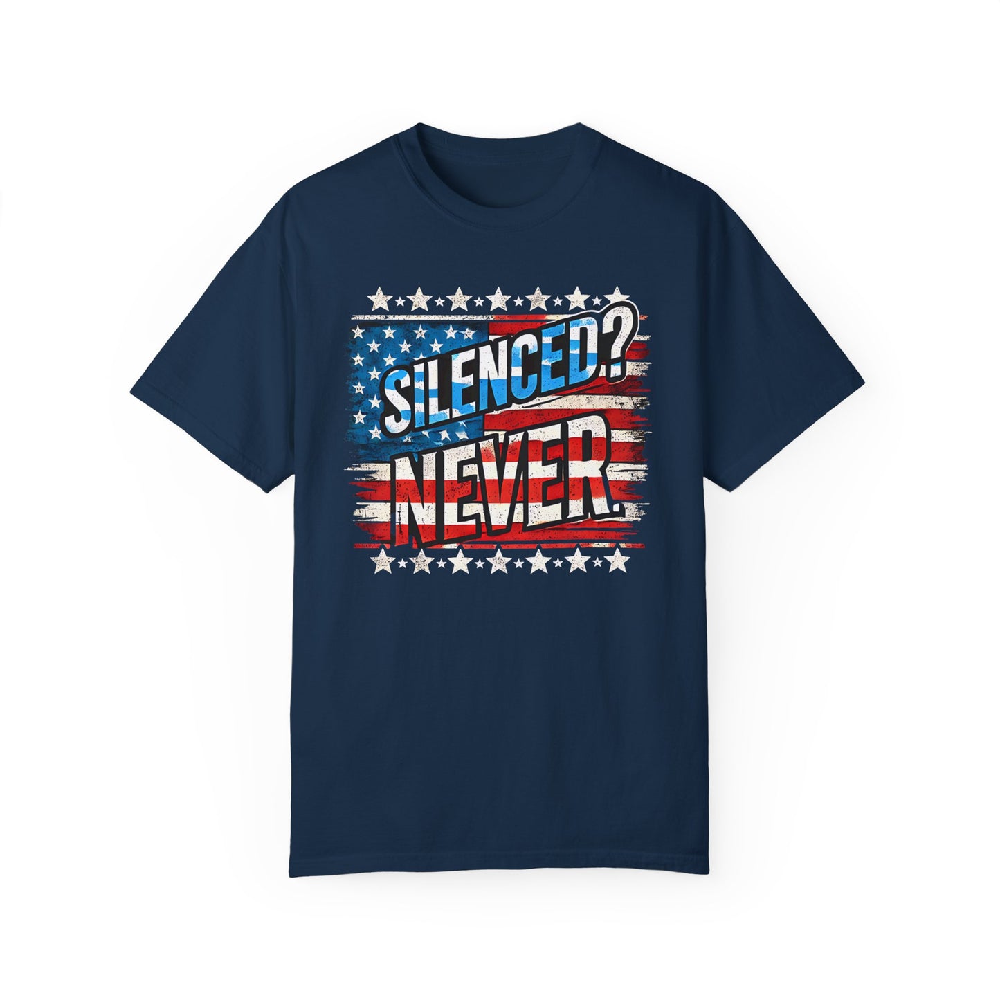 Silenced? Never. Patriotic T-Shirt with Vintage American Flag Design