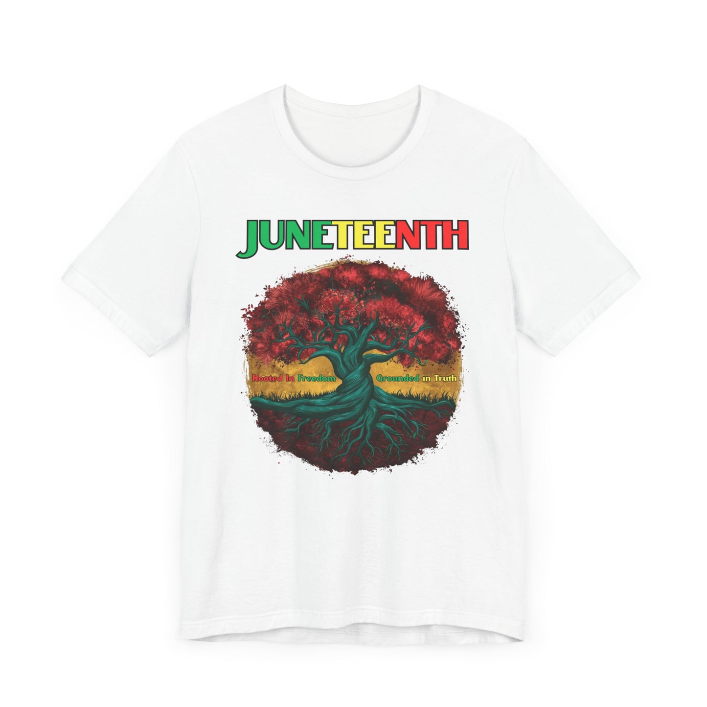 Vibrant Juneteenth Celebration Shirt featuring a powerful tree design symbolizing growth and resilience, with the word "Juneteenth" in bold colors, perfect for celebrating freedom and Black history.