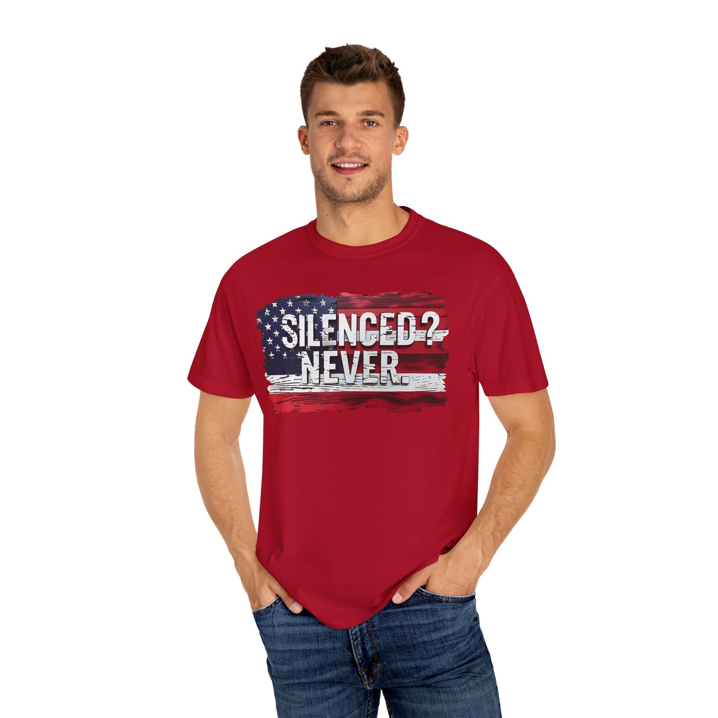 Silenced? Never. Patriotic T-Shirt with Vintage American Flag Design