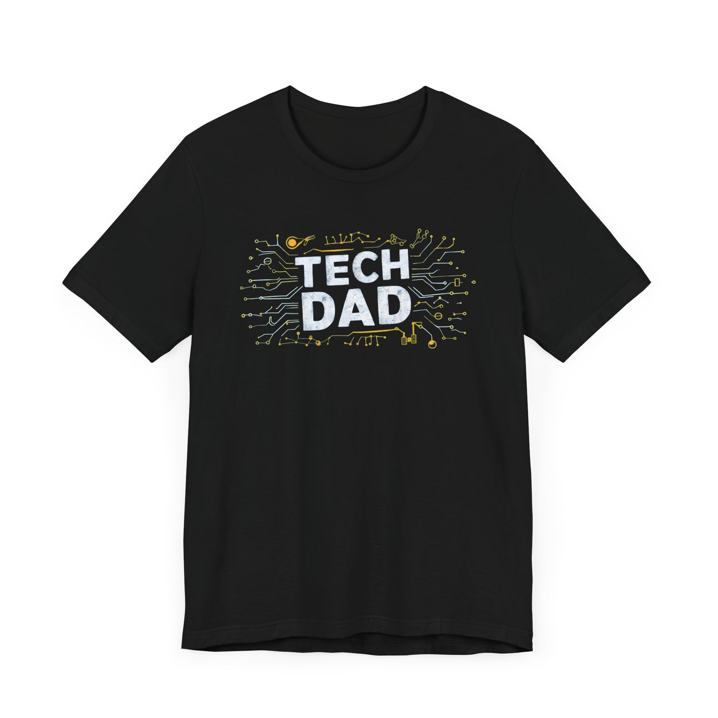 T-shirt with a bold 'Tech Dad' design, featuring a vibrant circuit board graphic, perfect for tech-savvy dads.