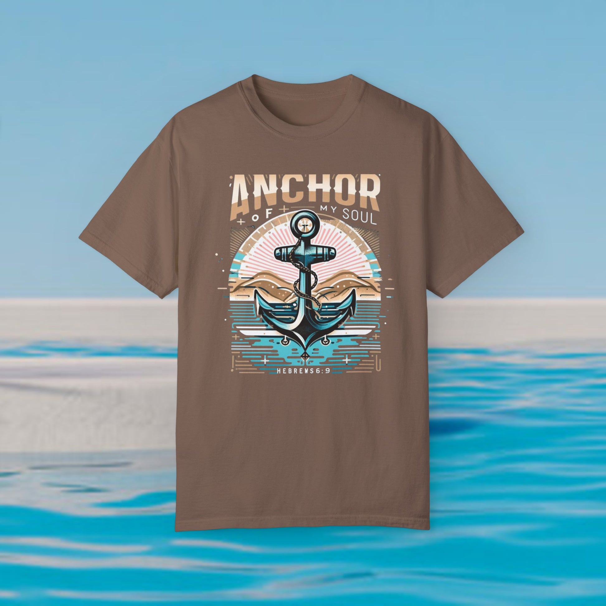 Dynamic "Anchor of My Soul" Christian graphic tee featuring a powerful anchor set against a serene ocean backdrop, perfect for expressing faith and spirituality with a vintage touch.